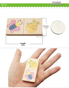 Detailed size view of wooden domino block measuring 6x3cm with colorful animal patterns