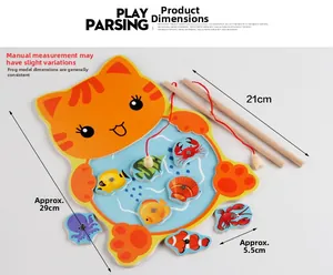Detailed size view of wooden magnetic fishing toy with dimensions for cat base and rods