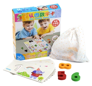 Educational wooden number cards set with colorful digital models and drawstring storage bag