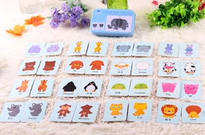 Toddler animal cognition puzzle cards in a light blue tin box with English and Chinese text