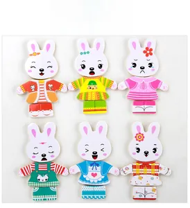 Detailed view of six sets of colorful wooden rabbit dress-up puzzles for early learning