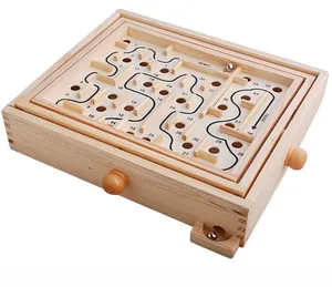 Macro detail of wooden labyrinth maze with 36 levels and dual control balancing knobs