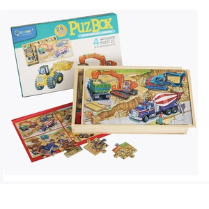 Construction vehicle wooden puzzle set with storage box and four 24-piece scenes