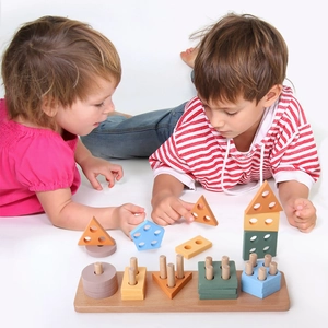 Montessori Holz Geometrische Form Matching Säule Blöcke Pädagogisches Stapelspielzeug Morandi Farben Buchenholz Kinder Lernen