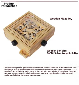 Detail of wooden ball maze puzzle with dimensions 16x16x5.3cm and black control knobs