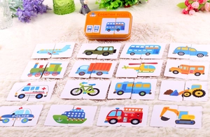Educational vehicle puzzle set with orange tin box and 2-piece cognition cards