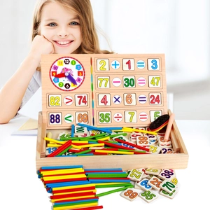 Wooden math learning box with colorful counting sticks, clock and number blocks for kids