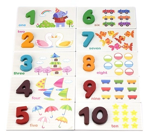 Detailed flat lay of wooden number puzzle cards with colorful figures for early learning