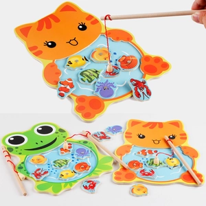 Magnetic wooden cat and frog fishing toy set with colorful marine creatures for kids
