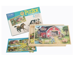 Detailed set of 4 farm-themed 24-piece wooden puzzles with storage box and reference cards