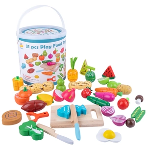 31-piece magnetic wooden play food set with colorful fruits and veggies in a storage bucket