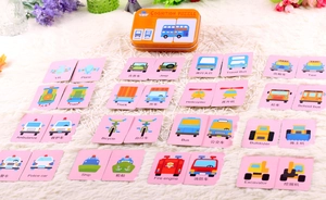 Educational transport puzzle cards in orange tin box for toddler early learning