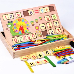 Wooden math learning box with colorful counting sticks, number blocks and clock for kids