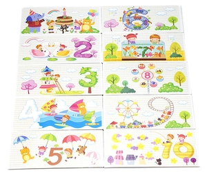 Close-up of wooden number cards 1-10 with colorful cartoon animals for early education