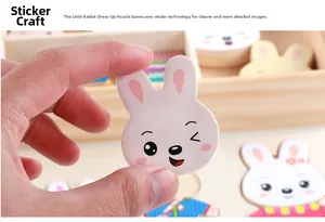 Close-up of thick wooden rabbit puzzle piece showing clear sticker craft patterns