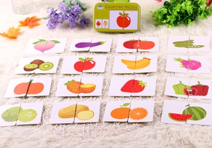 Detailed top view of fruit and vegetable cognition puzzle cards for early learning