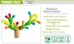 Detailed view of colorful wooden cactus tree puzzle toy including base and dimensions