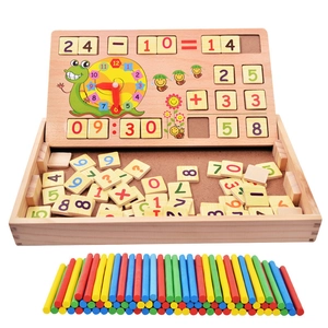 Wooden math learning box with colorful counting sticks, number blocks and clock set