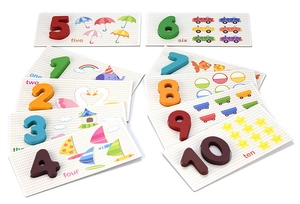 Educational wooden number blocks and matching illustrated cards for toddler counting skills