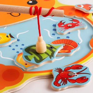 Kids wooden magnetic fishing toy set with colorful sea creatures and a fishing pole
