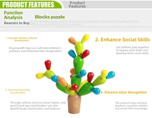 Detail showing colorful wooden alphabet cactus blocks for fine motor skills and balance