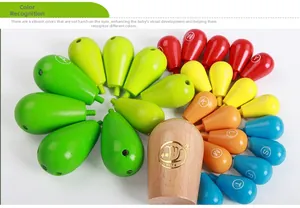 Macro view of colorful wooden pear-shaped blocks for alphabet and color learning toys