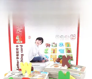 Detailed set of wooden colorful alphabet blocks and matching educational flashcards