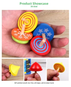 Détail de toupies en bois colorées montrant une finition polie à 360 degrés lisse