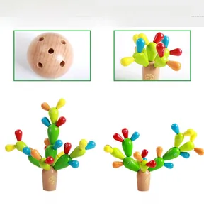 Close-up of alphabet wooden cactus balancing blocks with colorful interlocking parts