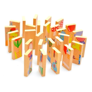 Educational 28-piece wooden animal domino blocks set for children in a semi-circular display