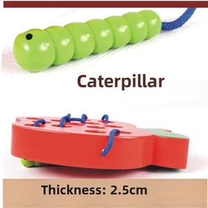 Detail view of the 2.5cm thick wooden apple base and caterpillar lacing thread for toddlers