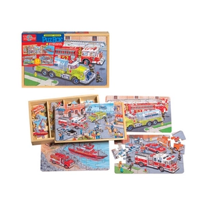 Wooden 4-in-1 emergency rescue vehicle puzzle set with storage box for kids learning