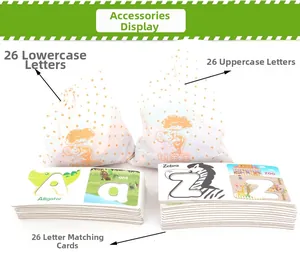 Educational alphabet cards set with wooden blocks and drawstring storage bags for kids