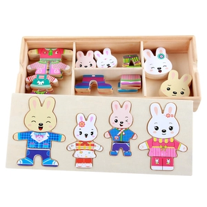 Wooden Rabbit Family Dress Up Puzzle Toy Set Educational Changing Clothes Game With Wood Storage Box Cognitive Kids Toy