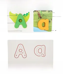 Macro detail of wooden alphabet flashcard showing uppercase A and lowercase a with penmanship guide