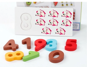 Macro view of wooden number blocks and matching counting cards for early math learning