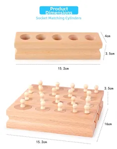 Macro view of Montessori beechwood cylinder socket blocks showing product dimensions