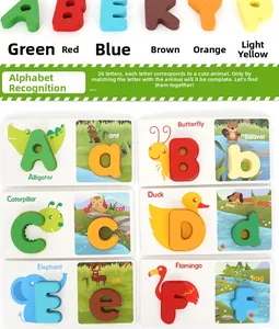Detailed view of wooden alphabet blocks with matching animal flashcards for toddlers