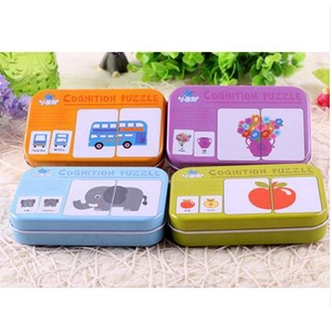 Wooden Kids Educational Cognition Matching Puzzle Cards Tinplate Container Cartoon Animal Fruit Vehicle Learning Game Toys