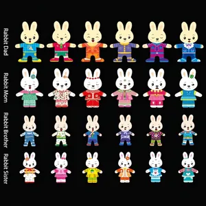 Wooden rabbit dress-up puzzle set with 24 different outfits for cognitive skill learning