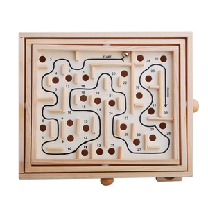 Wooden 36-level marble maze puzzle box with dual-axis control knobs for brain training