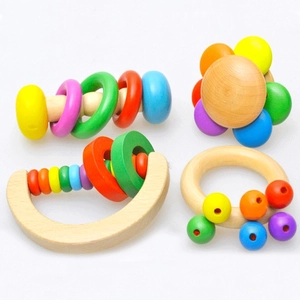 Four-piece wooden baby rattle set with colorful beads for sensory early education toys