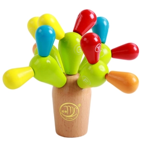 Colorful wooden cactus building toy with alphabet blocks on a steady base