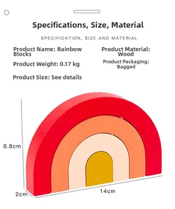 Detailed size chart for 4-layer wooden rainbow building blocks with dimensions 14x8.8x2cm