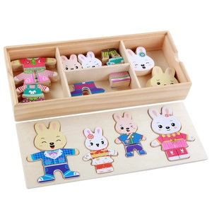 Educational wooden rabbit dress-up puzzle set with storage box for toddler motor skills