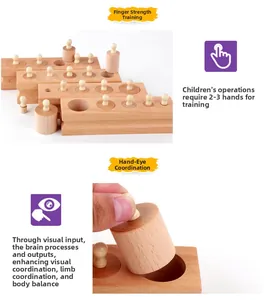 Close-up of beechwood Montessori cylinders showing hand-eye coordination training details