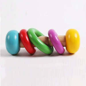 Colorful wooden baby rattle toy with five vibrant rings for infant sensory development