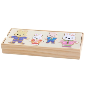Wooden rabbit dressing puzzle toy with storage box for children cognitive matching