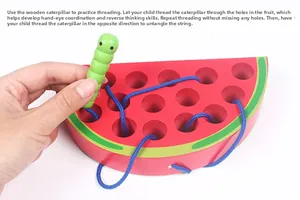 Detailed view of hand-held wooden watermelon lacing toy for fine motor skill training