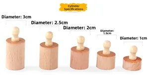 Detailed size chart of five beechwood cylinder blocks with diameters from 1cm to 3cm